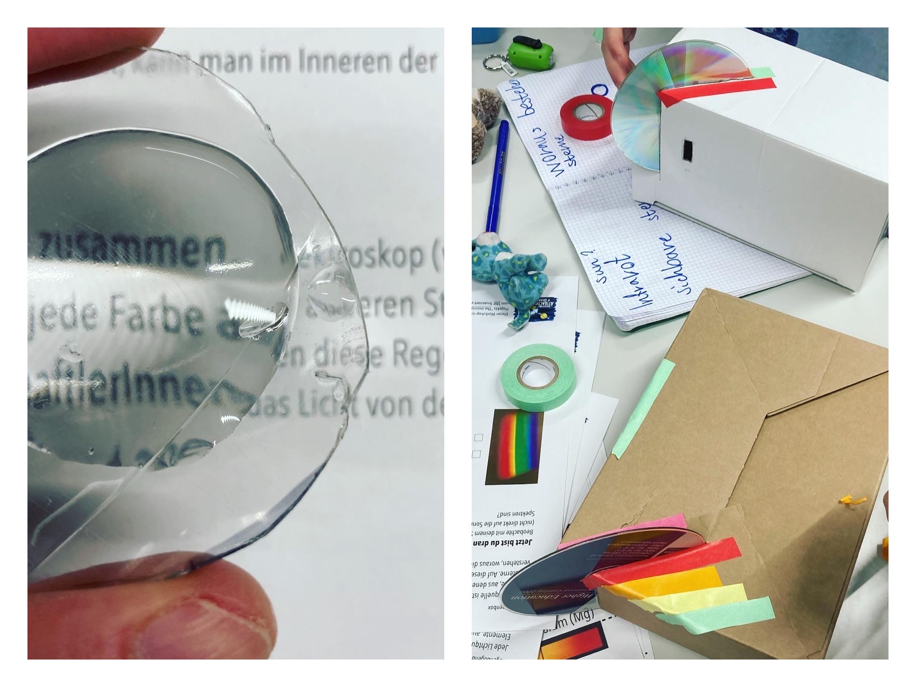 Collage mit Bildern aus dem Workshop: Linse aus einer PET-Flasche und Kinder beim Basteln