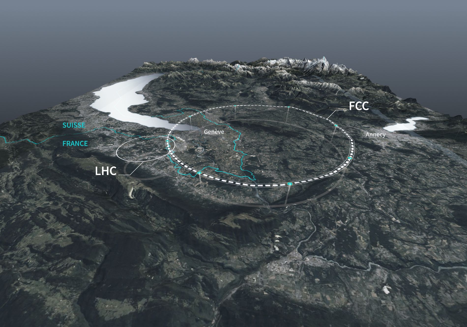 FCC from above: the midterm review suggests that the best solutino would be an almost 91-kilometre tunnel in the greater Geneva area.